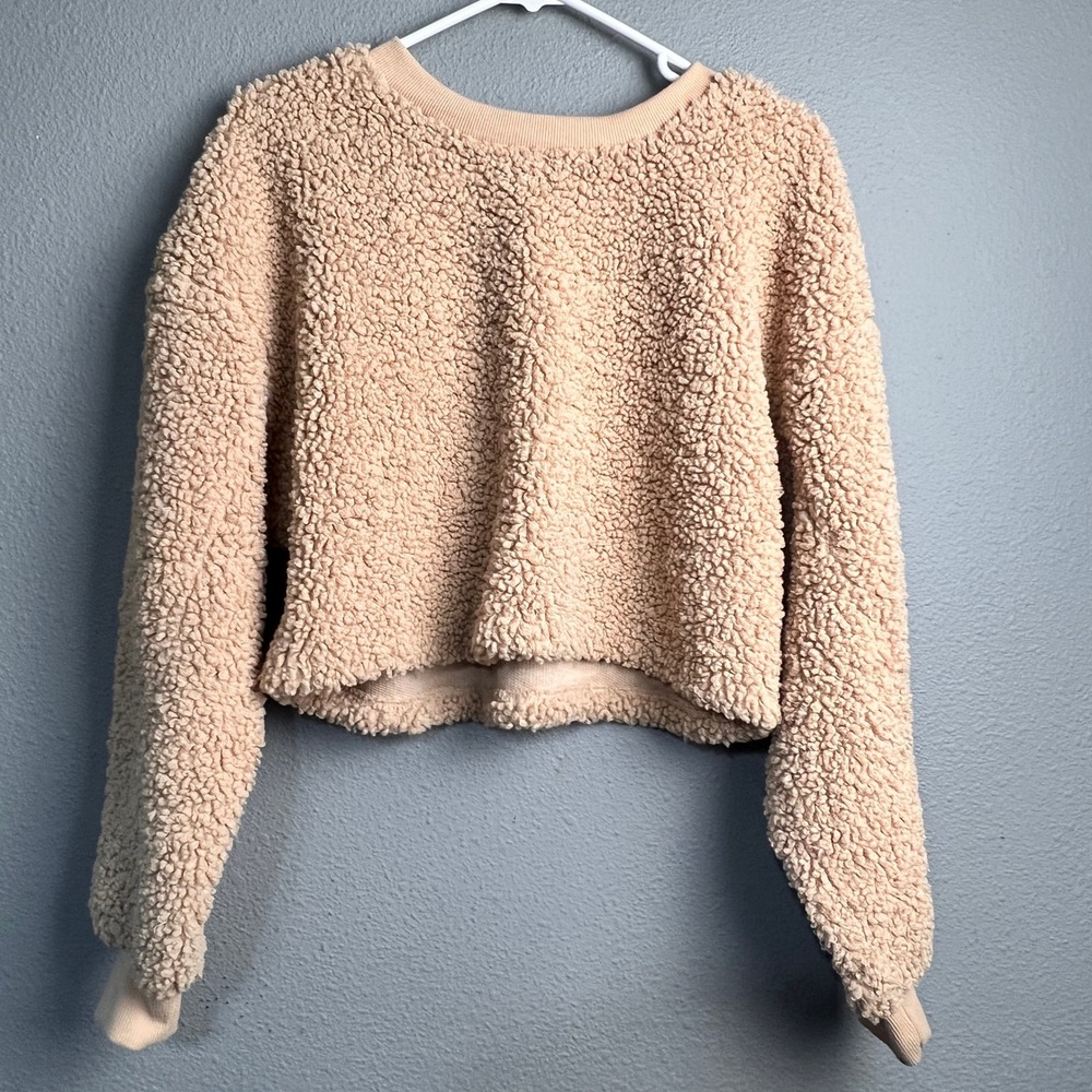 Wild Fable Tan Faux Fur Sherpa‎ Cozy Cropped Sweatshirt S Relaxed Borg Pullover - Picture 1 of 9